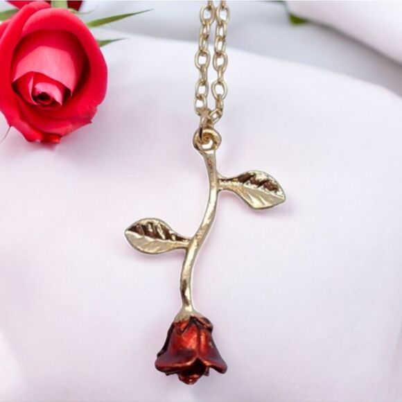 Red Rose Necklace Beauty and the Beast Romantic Jewelry Love Girlfriend Gift 🎁 - Picture 1 of 7